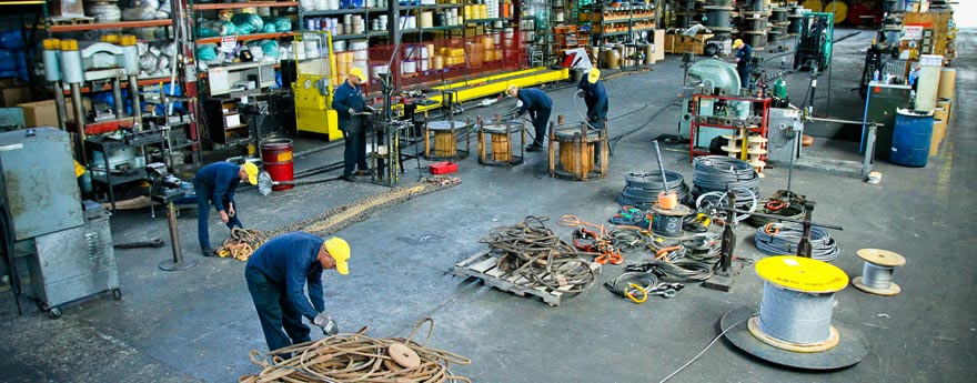 Rigging supplies spread out over shop floor
